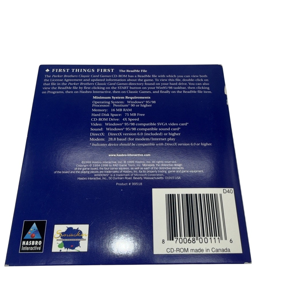 Parker Brothers Classic Card Games PC CD-ROM Hasbro Interactive Windows 95 / 98 - Picture 7 of 8